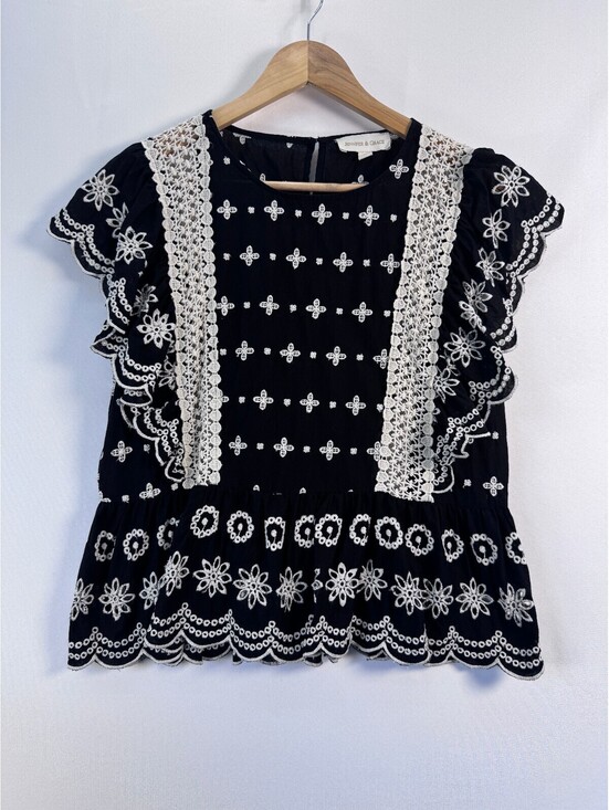 Jennifer & Grace Tops - Boho Eyelet Embroidered Cotton Blouse Crochet Lace Flutter Sleeve Black S